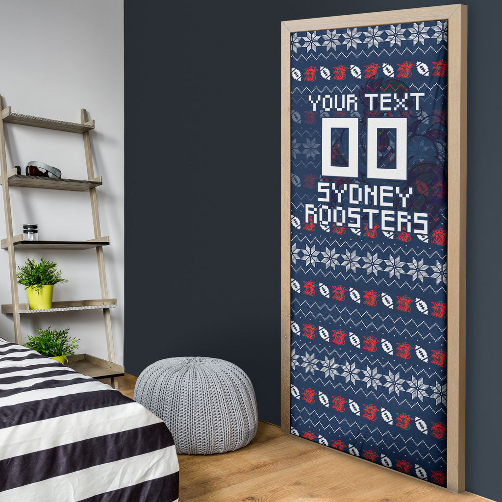 Personalized Sydney Roosters Christmas Door Cover Australian Rugby Fans - Pixelated Ugly Xmas Pattern Mascot Santa