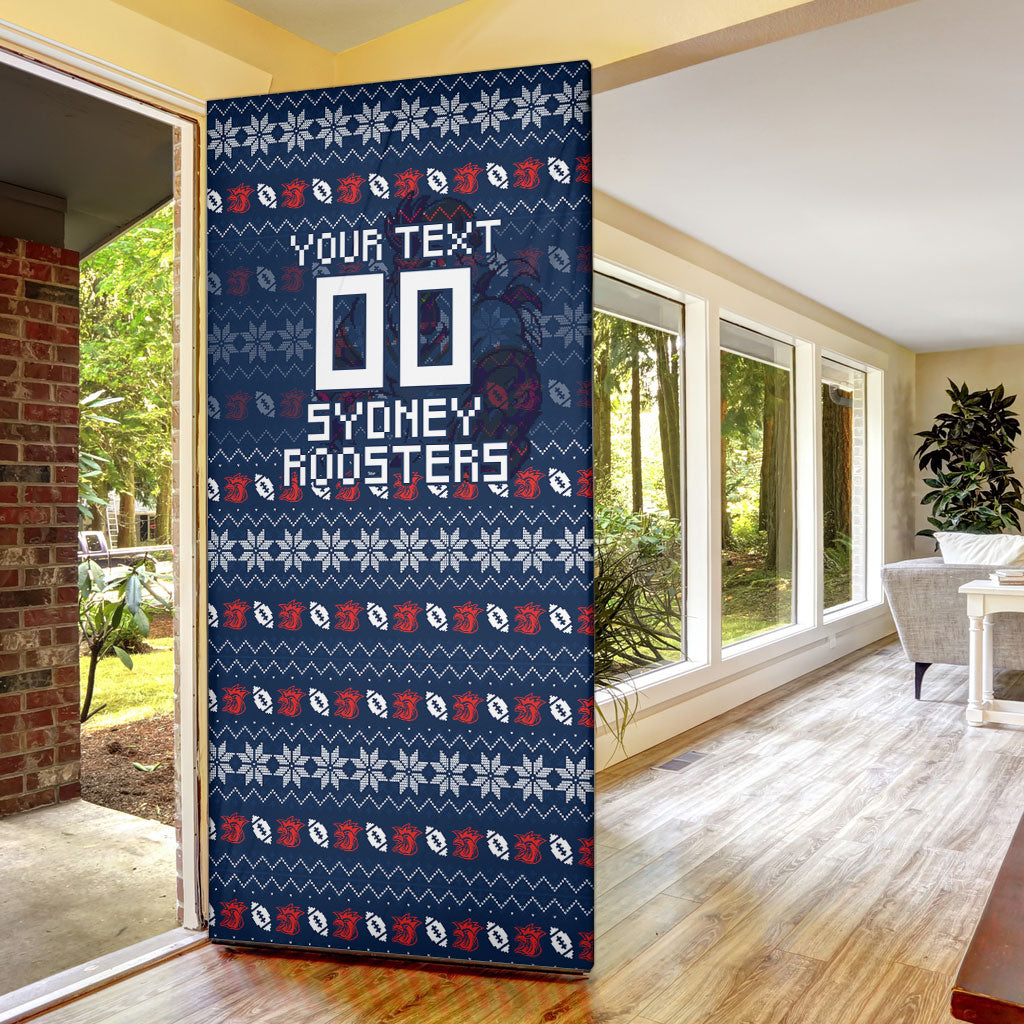 Personalized Sydney Roosters Christmas Door Cover Australian Rugby Fans - Pixelated Ugly Xmas Pattern Mascot Santa