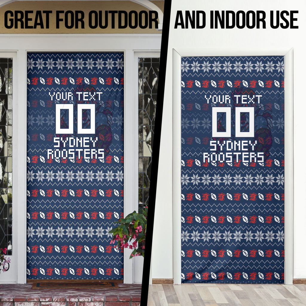 Personalized Sydney Roosters Christmas Door Cover Australian Rugby Fans - Pixelated Ugly Xmas Pattern Mascot Santa