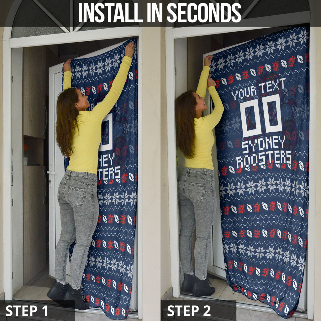 Personalized Sydney Roosters Christmas Door Cover Australian Rugby Fans - Pixelated Ugly Xmas Pattern Mascot Santa