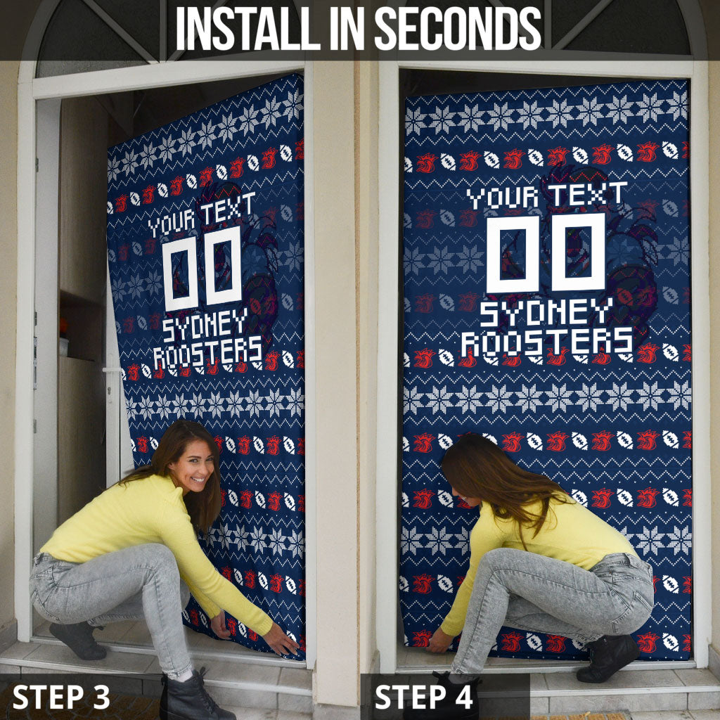 Personalized Sydney Roosters Christmas Door Cover Australian Rugby Fans - Pixelated Ugly Xmas Pattern Mascot Santa