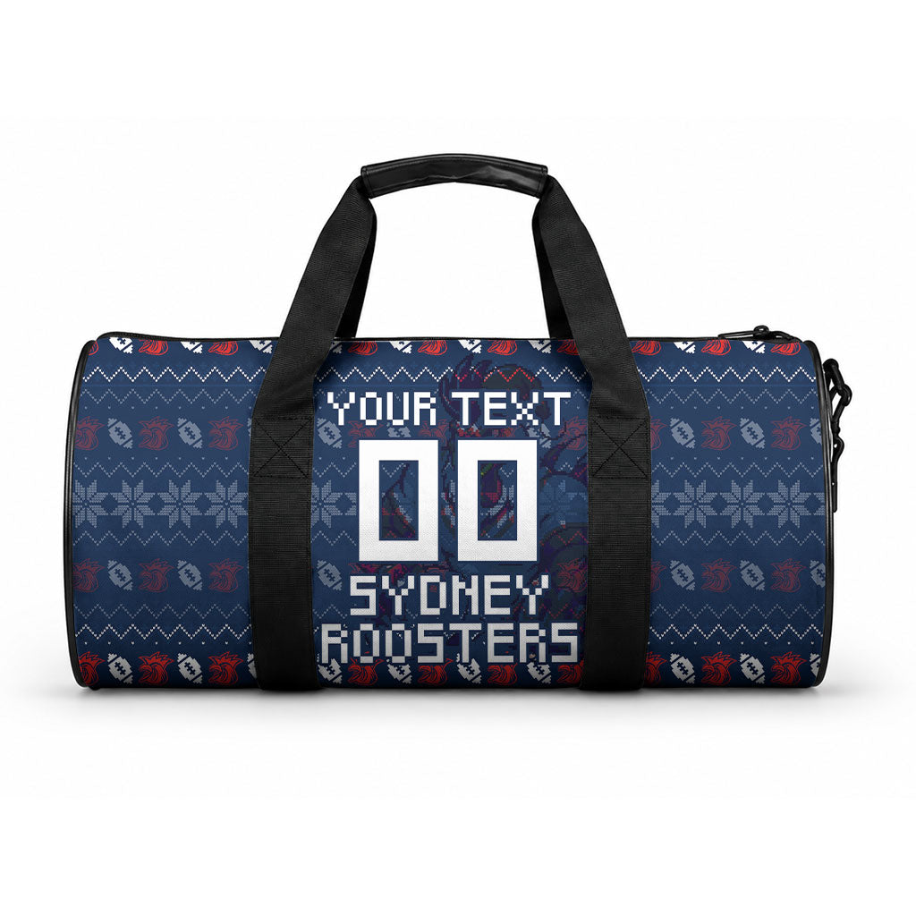 Personalized Sydney Roosters Christmas Duffle Bag Australian Rugby Fans - Pixelated Ugly Xmas Pattern Mascot Santa