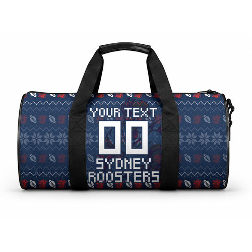 Personalized Sydney Roosters Christmas Duffle Bag Australian Rugby Fans - Pixelated Ugly Xmas Pattern Mascot Santa