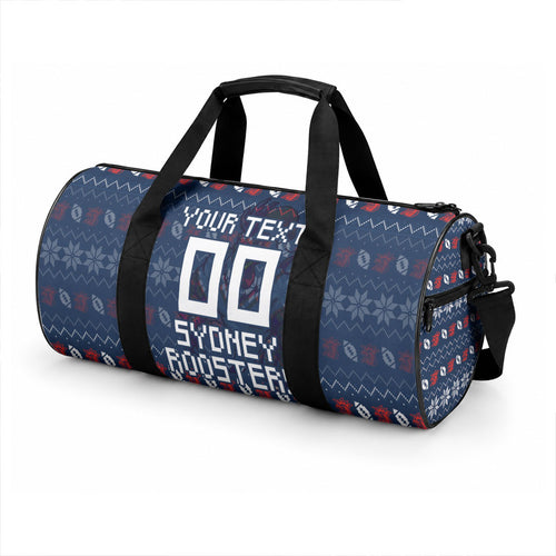 Personalized Sydney Roosters Christmas Duffle Bag Australian Rugby Fans - Pixelated Ugly Xmas Pattern Mascot Santa