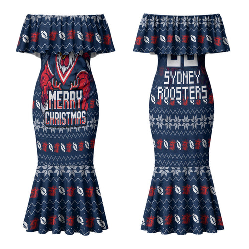 Personalized Sydney Roosters Christmas Family Matching Mermaid Dress and Hawaiian Shirt Australian Rugby Fans - Pixelated Ugly Xmas Pattern Mascot Santa