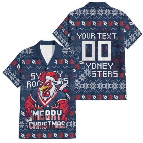 Personalized Sydney Roosters Christmas Family Matching Mermaid Dress and Hawaiian Shirt Australian Rugby Fans - Pixelated Ugly Xmas Pattern Mascot Santa