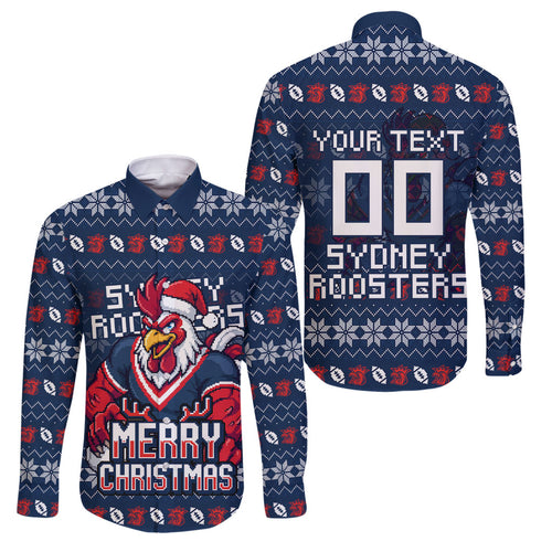 Personalized Sydney Roosters Christmas Family Matching Mermaid Dress and Hawaiian Shirt Australian Rugby Fans - Pixelated Ugly Xmas Pattern Mascot Santa