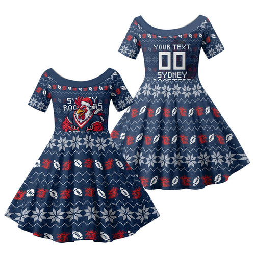 Personalized Sydney Roosters Christmas Family Matching Mermaid Dress and Hawaiian Shirt Australian Rugby Fans - Pixelated Ugly Xmas Pattern Mascot Santa