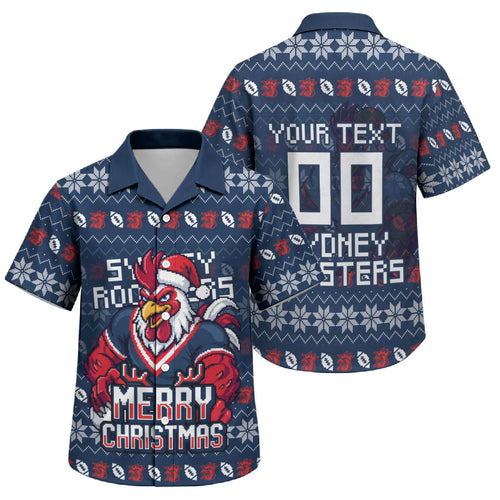 Personalized Sydney Roosters Christmas Family Matching Mermaid Dress and Hawaiian Shirt Australian Rugby Fans - Pixelated Ugly Xmas Pattern Mascot Santa