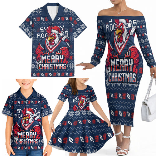 Personalized Sydney Roosters Christmas Family Matching Off The Shoulder Long Sleeve Dress and Hawaiian Shirt Australian Rugby Fans - Pixelated Ugly Xmas Pattern Mascot Santa