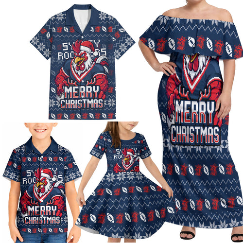 Personalized Sydney Roosters Christmas Family Matching Off Shoulder Maxi Dress and Hawaiian Shirt Australian Rugby Fans - Pixelated Ugly Xmas Pattern Mascot Santa