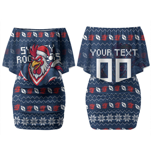 Personalized Sydney Roosters Christmas Family Matching Off Shoulder Short Dress and Hawaiian Shirt Australian Rugby Fans - Pixelated Ugly Xmas Pattern Mascot Santa