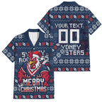 Personalized Sydney Roosters Christmas Family Matching Off Shoulder Short Dress and Hawaiian Shirt Australian Rugby Fans - Pixelated Ugly Xmas Pattern Mascot Santa