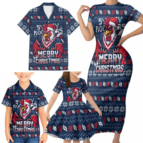 Personalized Sydney Roosters Christmas Family Matching Short Sleeve Bodycon Dress and Hawaiian Shirt Australian Rugby Fans - Pixelated Ugly Xmas Pattern Mascot Santa