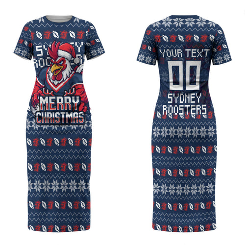Personalized Sydney Roosters Christmas Family Matching Short Sleeve Bodycon Dress and Hawaiian Shirt Australian Rugby Fans - Pixelated Ugly Xmas Pattern Mascot Santa