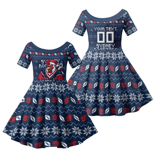 Personalized Sydney Roosters Christmas Family Matching Summer Maxi Dress and Hawaiian Shirt Australian Rugby Fans - Pixelated Ugly Xmas Pattern Mascot Santa