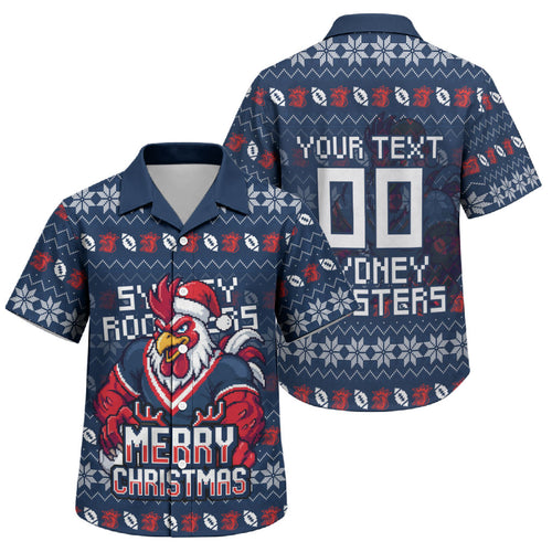 Personalized Sydney Roosters Christmas Family Matching Summer Maxi Dress and Hawaiian Shirt Australian Rugby Fans - Pixelated Ugly Xmas Pattern Mascot Santa