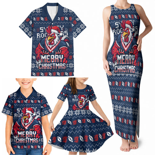 Personalized Sydney Roosters Christmas Family Matching Tank Maxi Dress and Hawaiian Shirt Australian Rugby Fans - Pixelated Ugly Xmas Pattern Mascot Santa