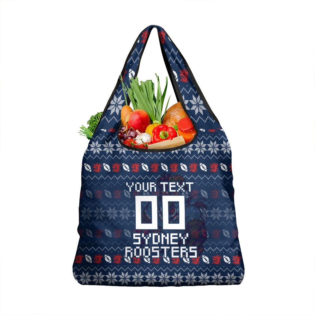 Personalized Sydney Roosters Christmas Grocery Bag Australian Rugby Fans - Pixelated Ugly Xmas Pattern Mascot Santa