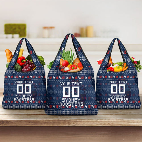 Personalized Sydney Roosters Christmas Grocery Bag Australian Rugby Fans - Pixelated Ugly Xmas Pattern Mascot Santa