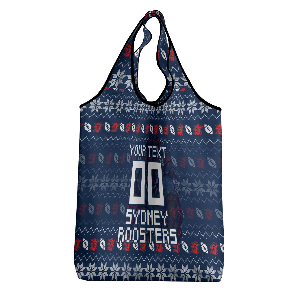 Personalized Sydney Roosters Christmas Grocery Bag Australian Rugby Fans - Pixelated Ugly Xmas Pattern Mascot Santa