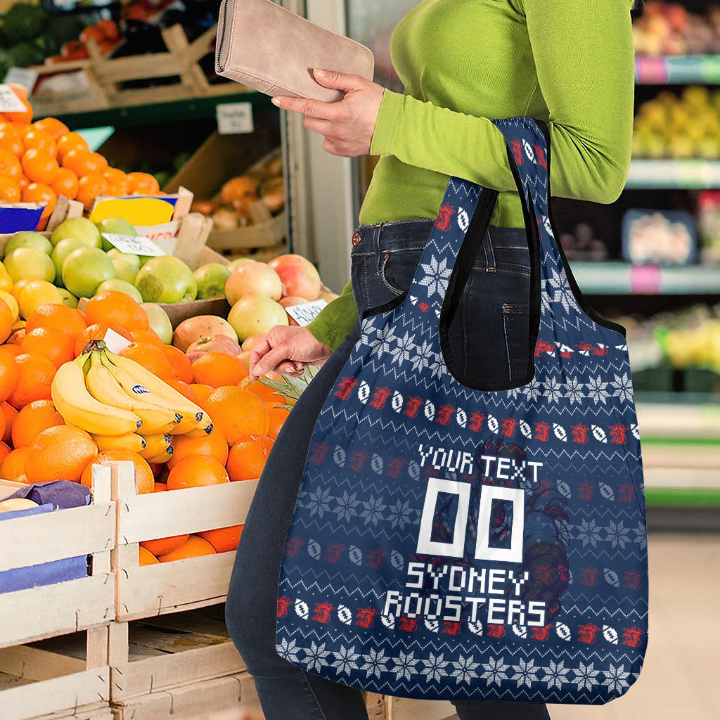 Personalized Sydney Roosters Christmas Grocery Bag Australian Rugby Fans - Pixelated Ugly Xmas Pattern Mascot Santa