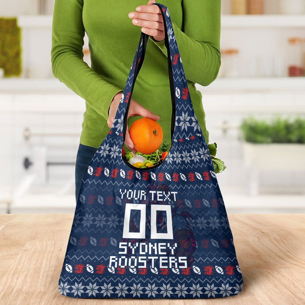 Personalized Sydney Roosters Christmas Grocery Bag Australian Rugby Fans - Pixelated Ugly Xmas Pattern Mascot Santa