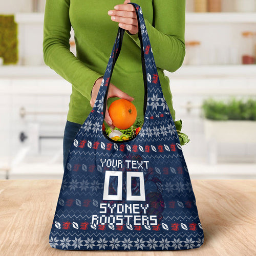 Personalized Sydney Roosters Christmas Grocery Bag Australian Rugby Fans - Pixelated Ugly Xmas Pattern Mascot Santa