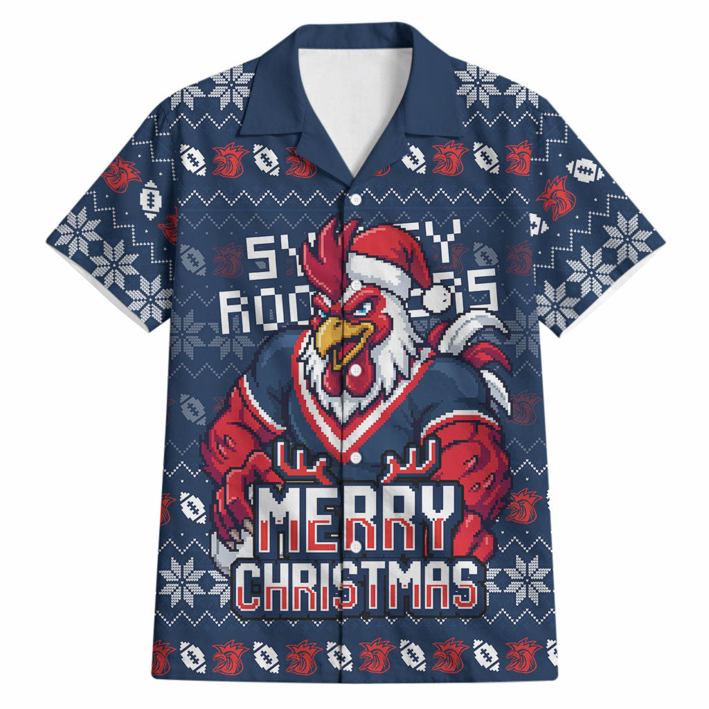 Personalized Sydney Roosters Christmas Hawaiian Shirt Australian Rugby Fans - Pixelated Ugly Xmas Pattern Mascot Santa