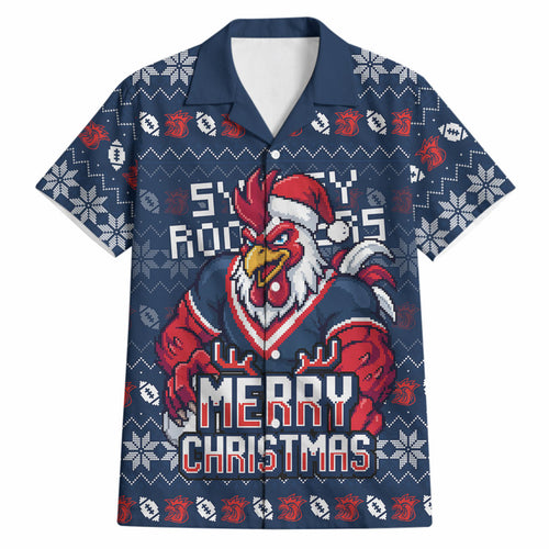 Personalized Sydney Roosters Christmas Hawaiian Shirt Australian Rugby Fans - Pixelated Ugly Xmas Pattern Mascot Santa