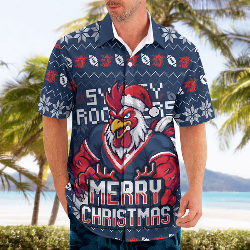 Personalized Sydney Roosters Christmas Hawaiian Shirt Australian Rugby Fans - Pixelated Ugly Xmas Pattern Mascot Santa