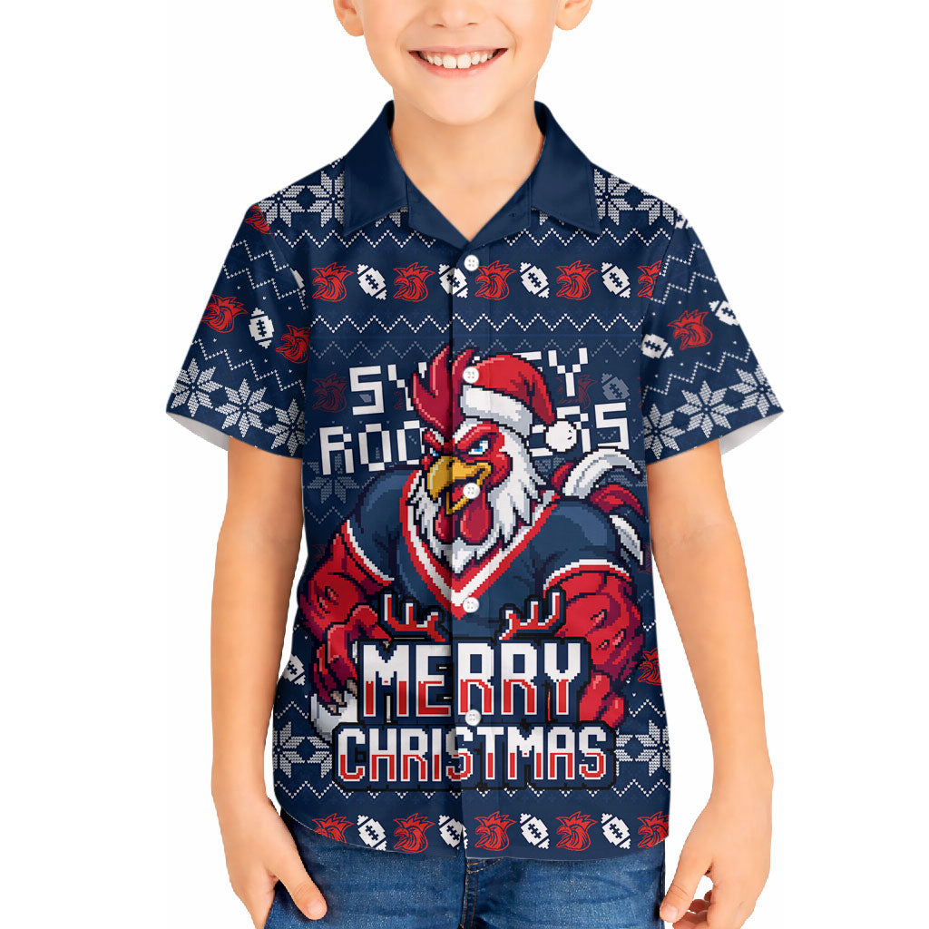 Personalized Sydney Roosters Christmas Hawaiian Shirt Australian Rugby Fans - Pixelated Ugly Xmas Pattern Mascot Santa