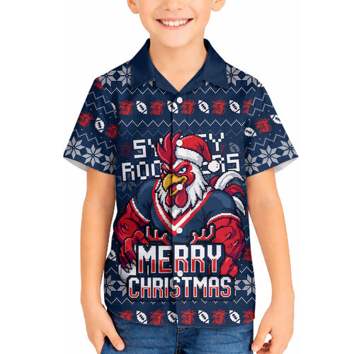 Personalized Sydney Roosters Christmas Hawaiian Shirt Australian Rugby Fans - Pixelated Ugly Xmas Pattern Mascot Santa