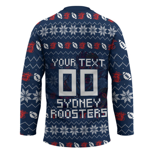 Personalized Sydney Roosters Christmas Hockey Jersey Australian Rugby Fans - Pixelated Ugly Xmas Pattern Mascot Santa