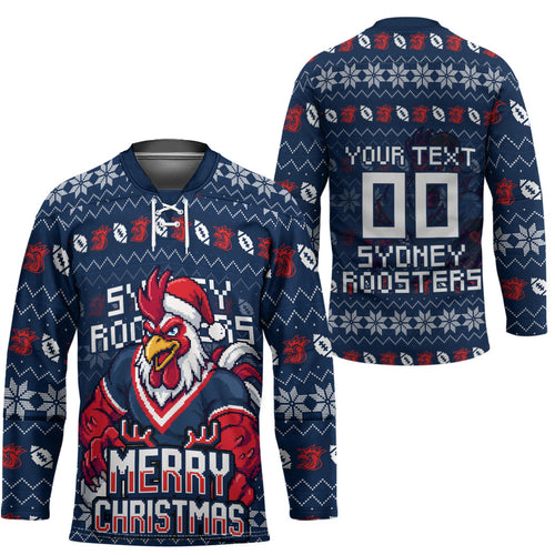 Personalized Sydney Roosters Christmas Hockey Jersey Australian Rugby Fans - Pixelated Ugly Xmas Pattern Mascot Santa