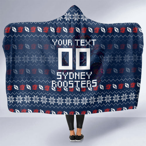 Personalized Sydney Roosters Christmas Hooded Blanket Australian Rugby Fans - Pixelated Ugly Xmas Pattern Mascot Santa