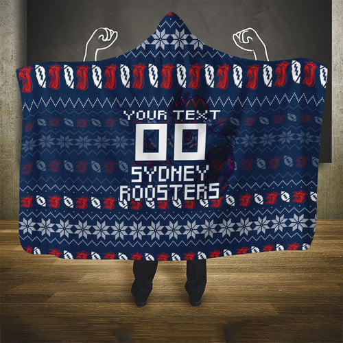 Personalized Sydney Roosters Christmas Hooded Blanket Australian Rugby Fans - Pixelated Ugly Xmas Pattern Mascot Santa