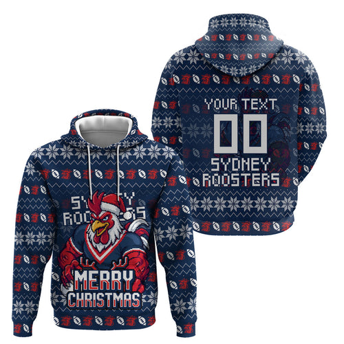 Personalized Sydney Roosters Christmas Hoodie Australian Rugby Fans - Pixelated Ugly Xmas Pattern Mascot Santa