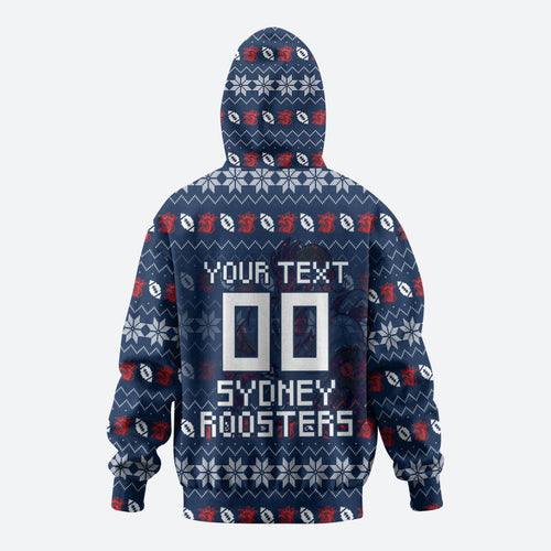 Personalized Sydney Roosters Christmas Hoodie Australian Rugby Fans - Pixelated Ugly Xmas Pattern Mascot Santa