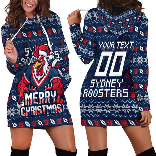 Personalized Sydney Roosters Christmas Hoodie Dress Australian Rugby Fans - Pixelated Ugly Xmas Pattern Mascot Santa