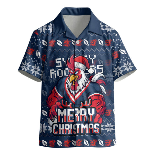 Personalized Sydney Roosters Christmas Kid Hawaiian Shirt Australian Rugby Fans - Pixelated Ugly Xmas Pattern Mascot Santa