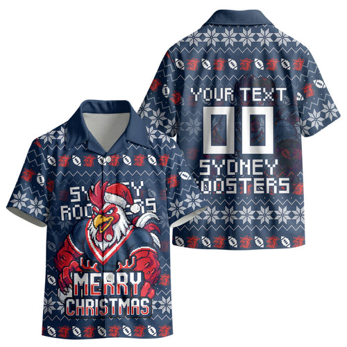 Personalized Sydney Roosters Christmas Kid Hawaiian Shirt Australian Rugby Fans - Pixelated Ugly Xmas Pattern Mascot Santa