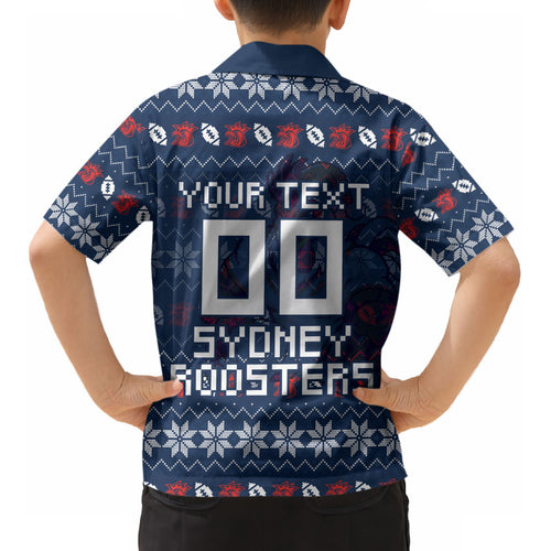 Personalized Sydney Roosters Christmas Kid Hawaiian Shirt Australian Rugby Fans - Pixelated Ugly Xmas Pattern Mascot Santa