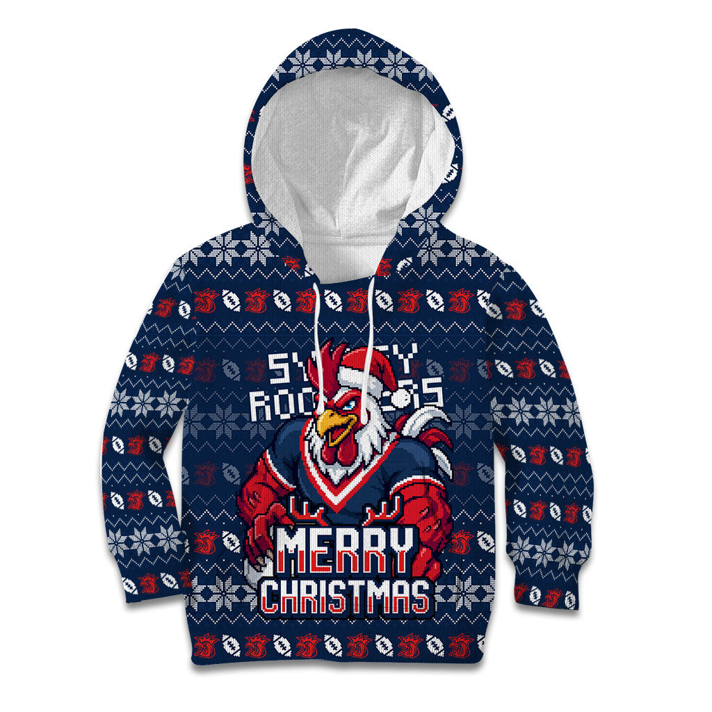 Personalized Sydney Roosters Christmas Kid Hoodie Australian Rugby Fans - Pixelated Ugly Xmas Pattern Mascot Santa