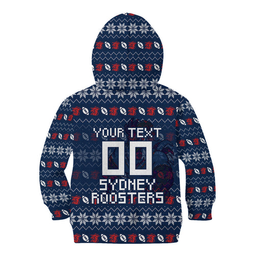 Personalized Sydney Roosters Christmas Kid Hoodie Australian Rugby Fans - Pixelated Ugly Xmas Pattern Mascot Santa