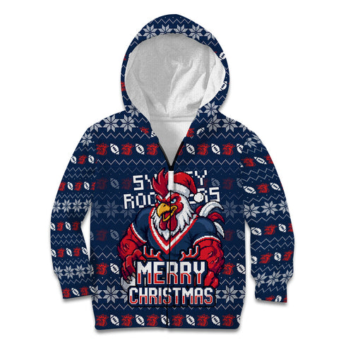 Personalized Sydney Roosters Christmas Kid Hoodie Australian Rugby Fans - Pixelated Ugly Xmas Pattern Mascot Santa