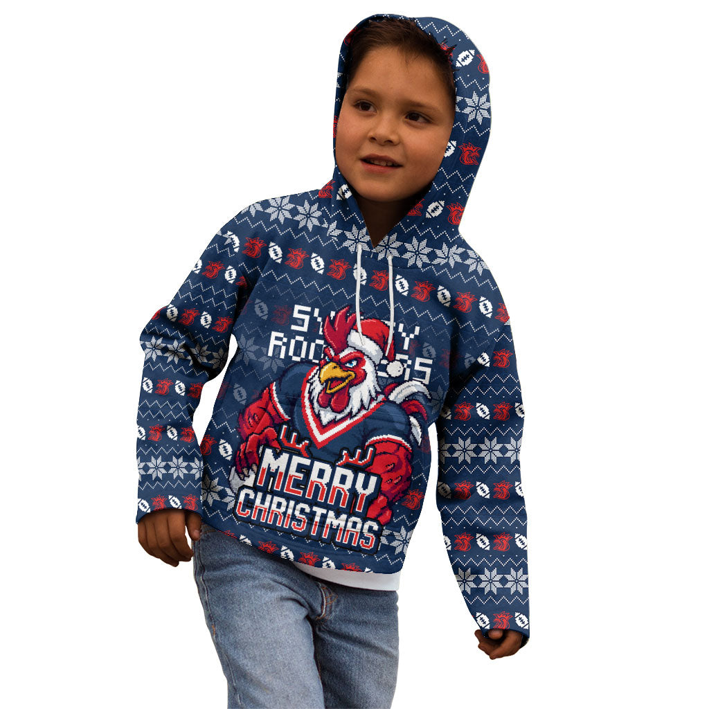 Personalized Sydney Roosters Christmas Kid Hoodie Australian Rugby Fans - Pixelated Ugly Xmas Pattern Mascot Santa