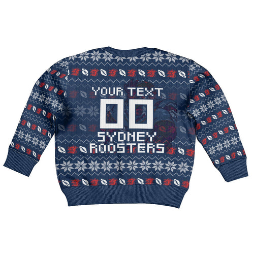 Personalized Sydney Roosters Christmas Kid Ugly Christmas Sweater Australian Rugby Fans - Pixelated Ugly Xmas Pattern Mascot Santa