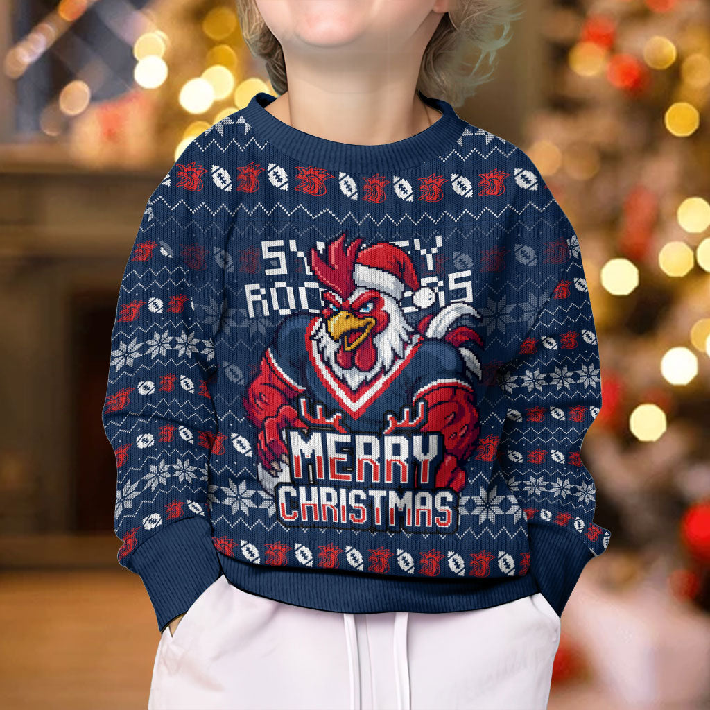 Personalized Sydney Roosters Christmas Kid Ugly Christmas Sweater Australian Rugby Fans - Pixelated Ugly Xmas Pattern Mascot Santa