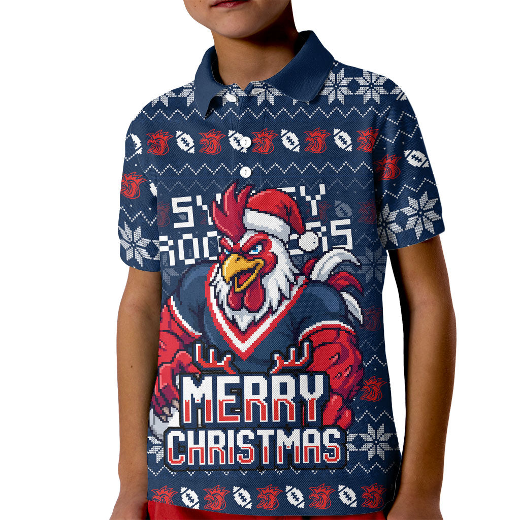Personalized Sydney Roosters Christmas Kid Polo Shirt Australian Rugby Fans - Pixelated Ugly Xmas Pattern Mascot Santa